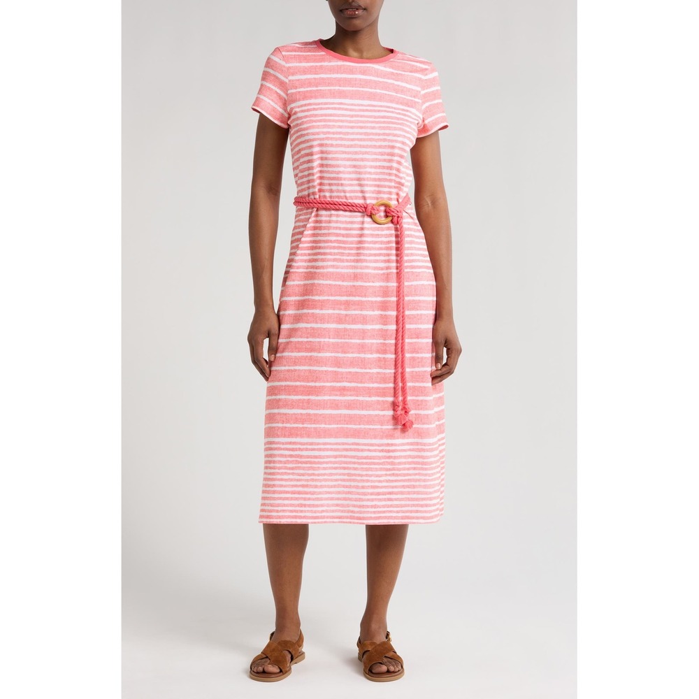 Tommy Bahama Womens Coral Striped Belted Coastal Chalet Midi Dress Medium